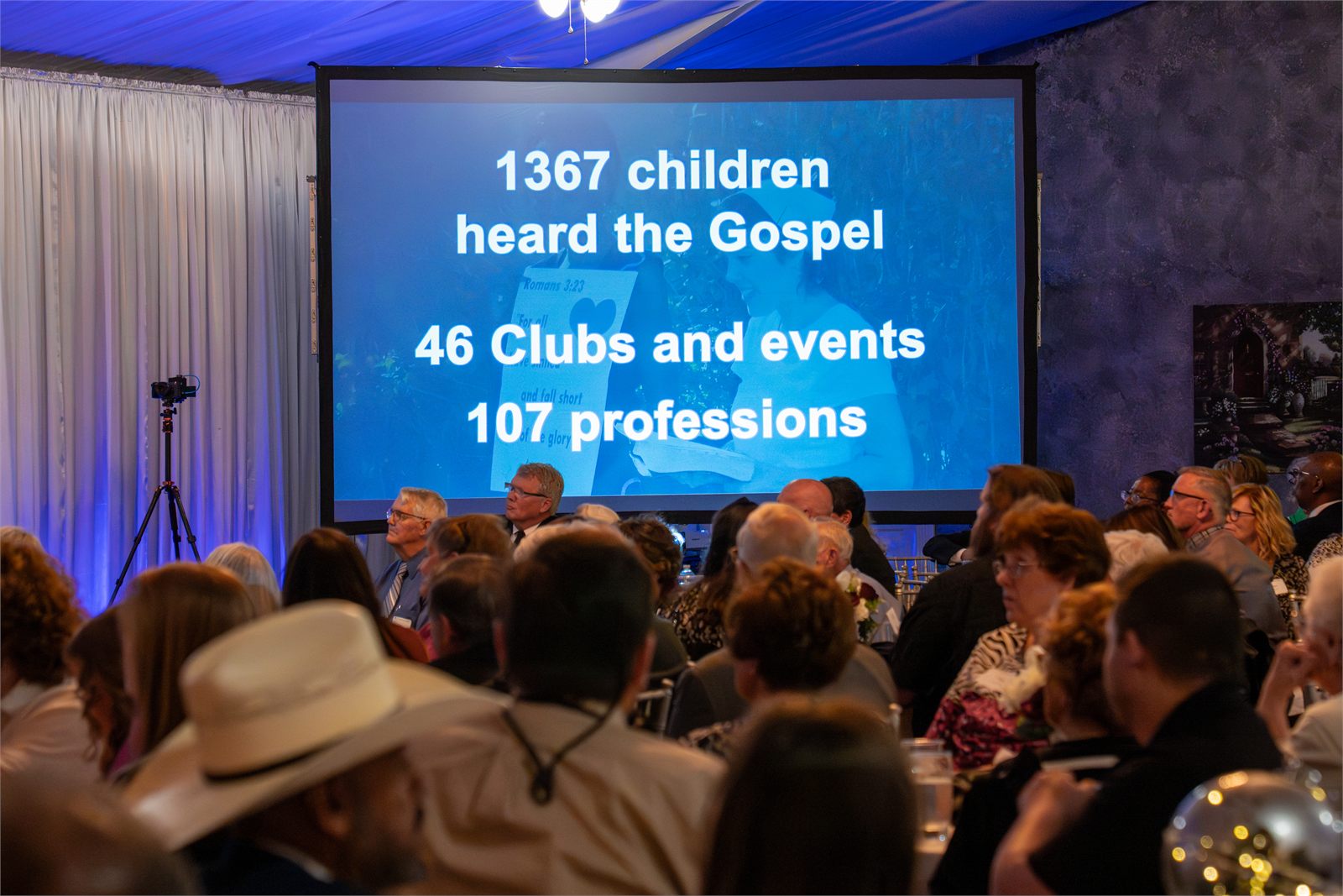 A screen reading 1,367 children heard the Gospel